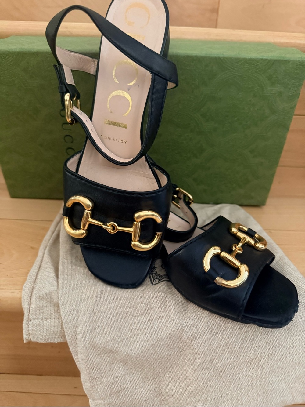 Gucci Black Leather Slingback Heels with Gold Horsebit Size 37.5